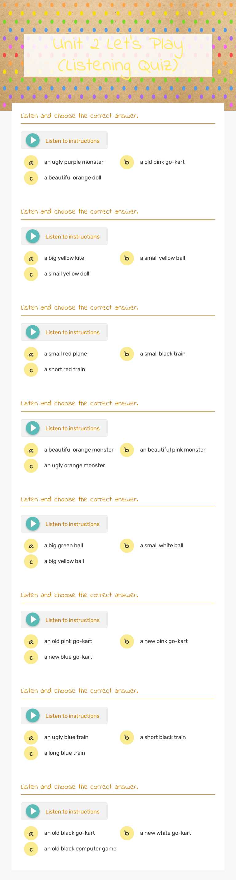 Unit 2 Let's Play (Listening Quiz) worksheet preview image