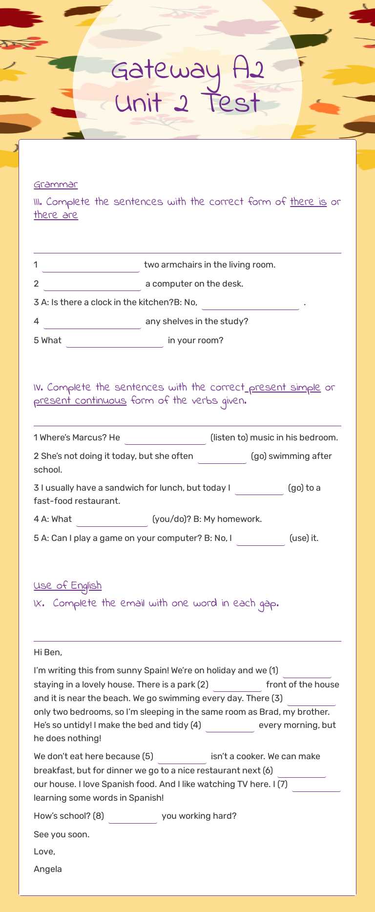 Gateway A2 Unit 2 Test worksheet preview image