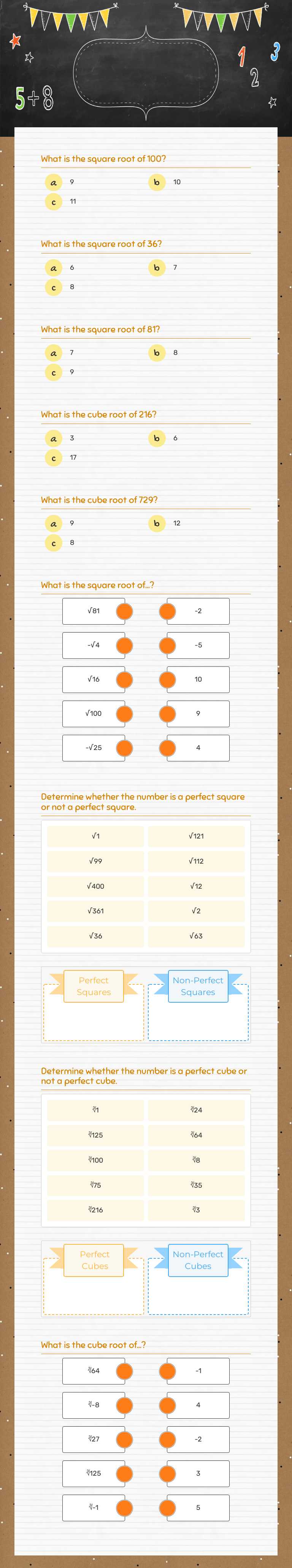 Square Roots and cube roots worksheet preview image