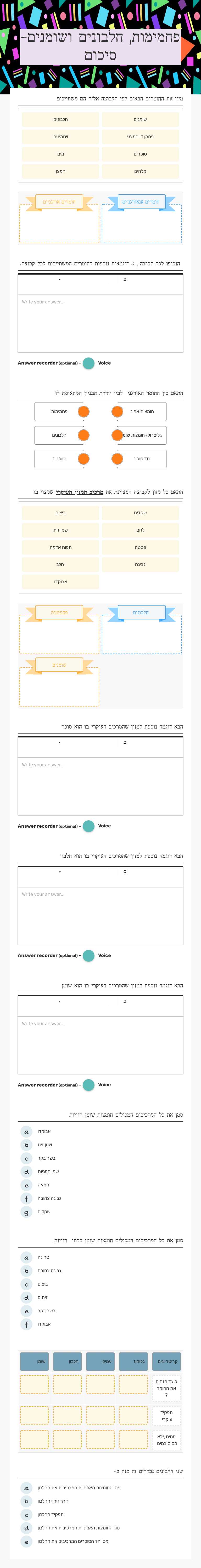 פחמימות, חלבונים ושומנים- סיכום worksheet preview image