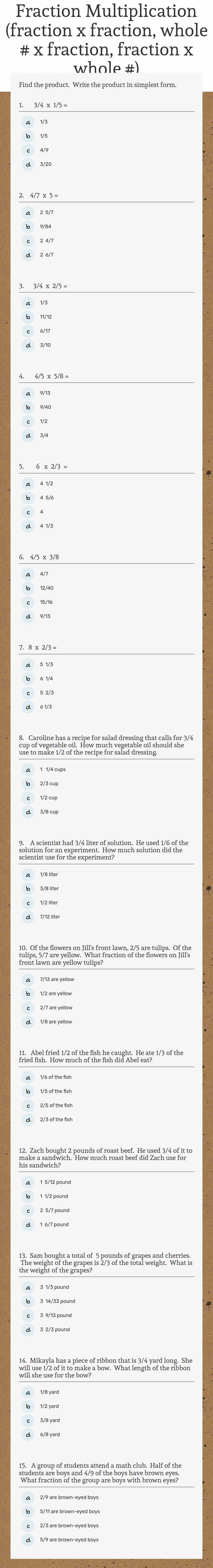 Fraction Multiplication
(fraction x fraction,
whole # x fraction, fraction x whole #) worksheet preview image