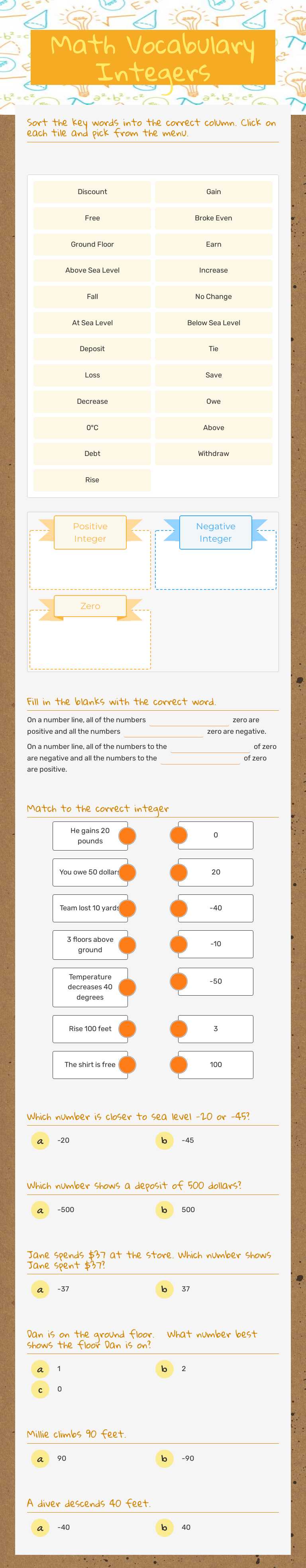 Math Vocabulary Integers Grade 6 worksheet preview