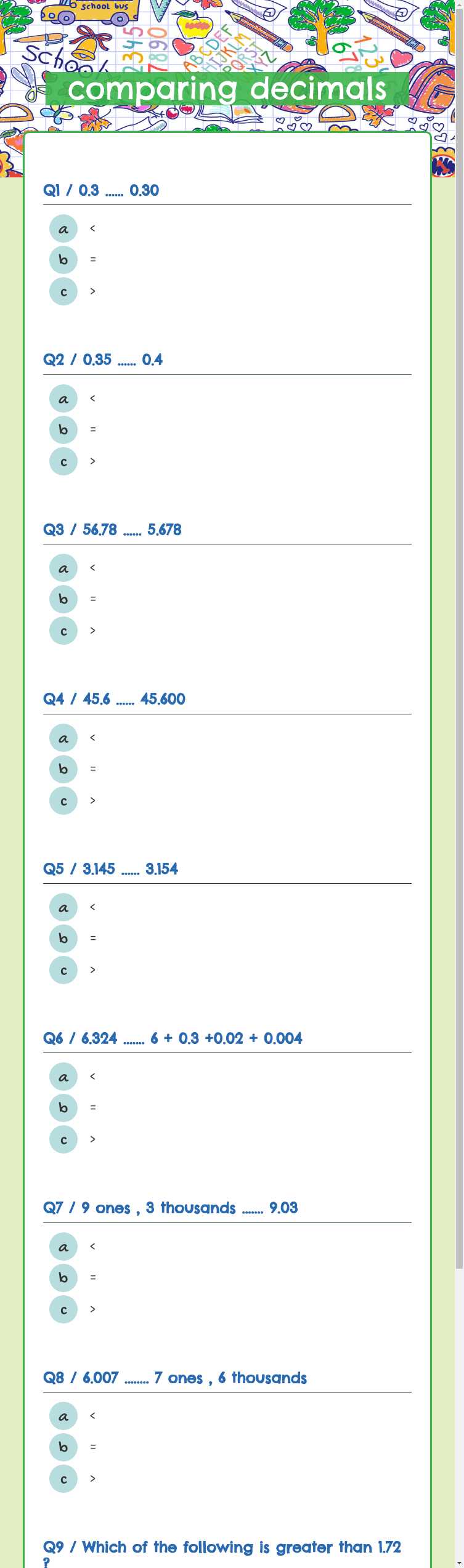 comparing decimals worksheet preview image