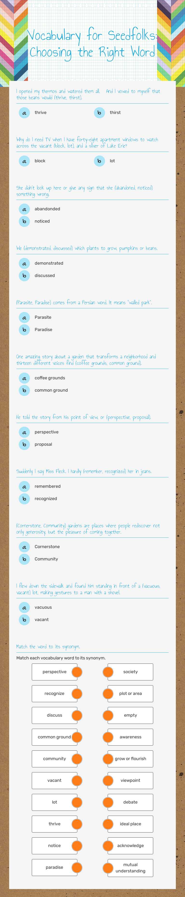 Vocabulary for Seedfolks: Choosing the Right Word Grade 6 worksheet preview