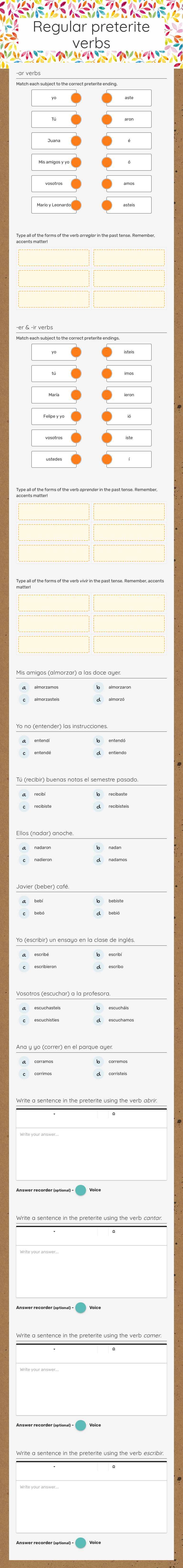 Regular preterite verbs worksheet preview image