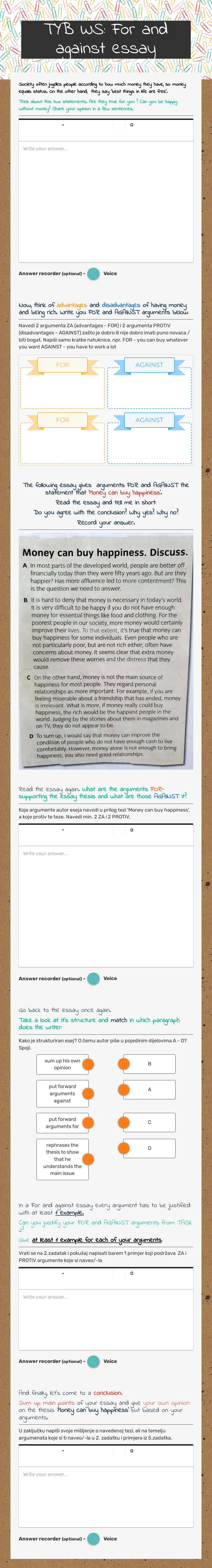 TYB WS: For and against essay Grade 12 worksheet preview