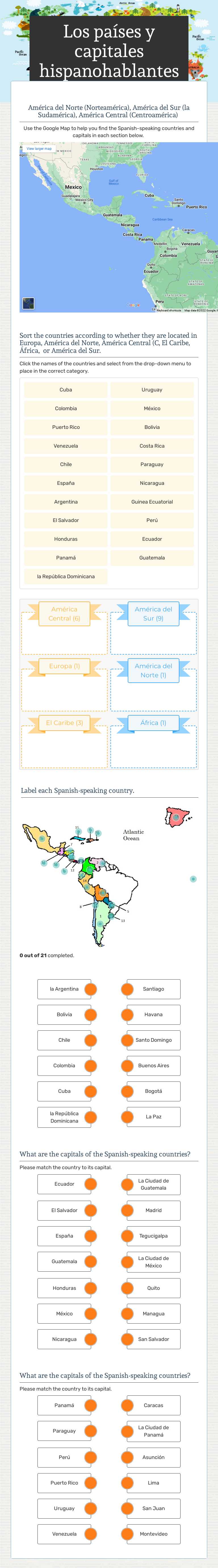 Los países y capitales hispanohablantes worksheet preview image