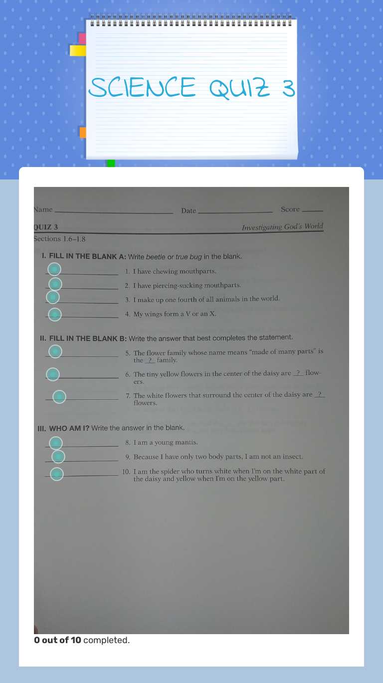 SCIENCE QUIZ 3 worksheet preview image