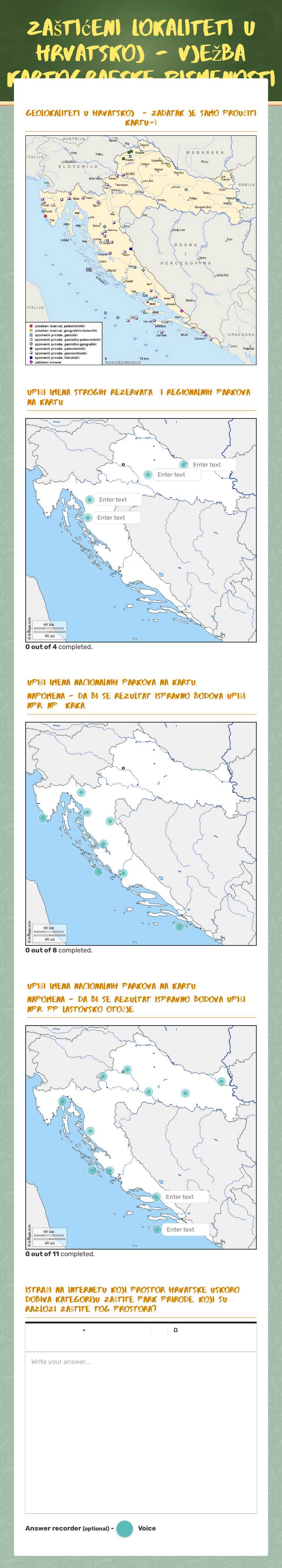 Zaštićeni lokaliteti u Hrvatskoj  - vježba kartografske pismenosti worksheet preview image