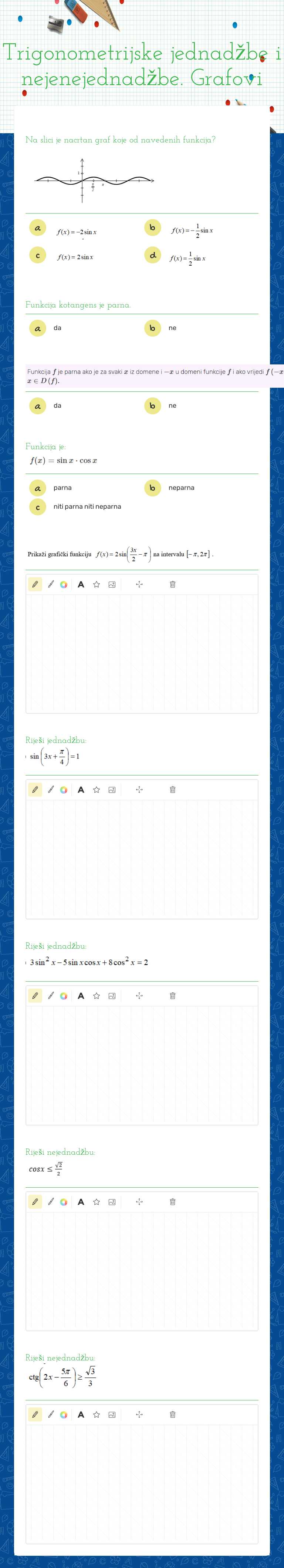 Trigonometrijske jednadžbe i nejenejednadžbe. Grafovi worksheet preview image