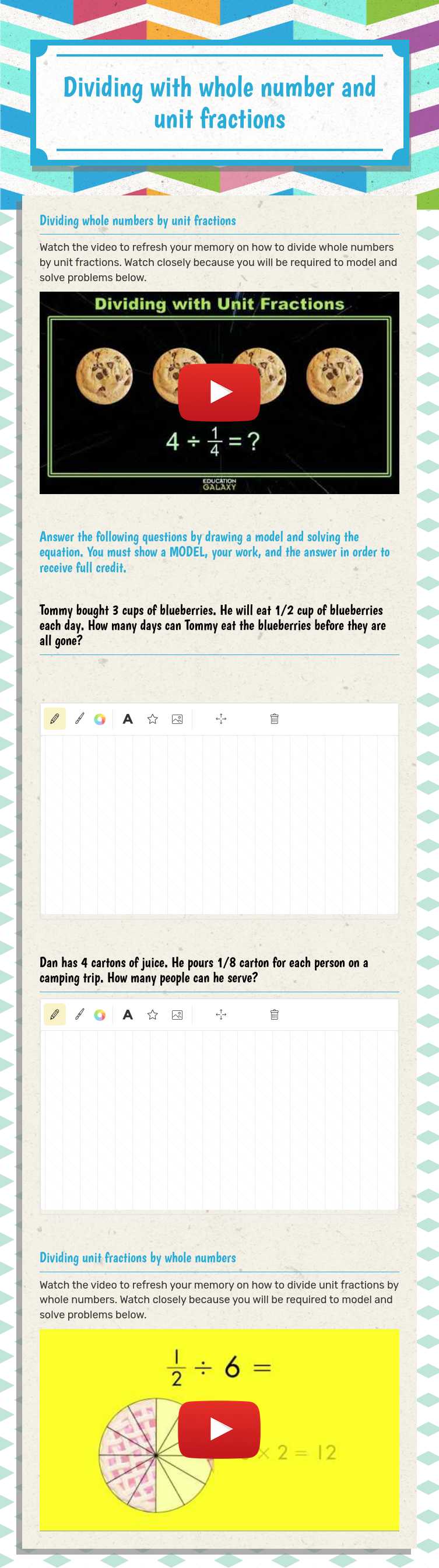 Dividing with whole number and unit fractions worksheet preview image