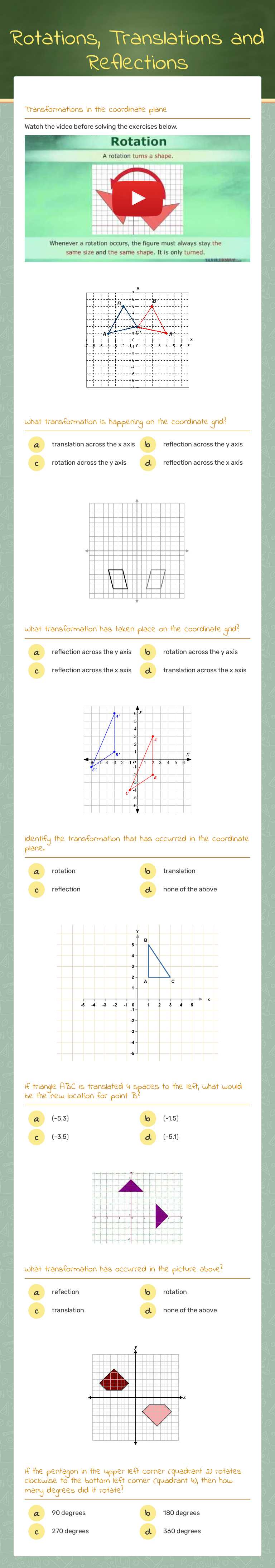 Rotations, Translations and Reflections Grade 8 worksheet preview