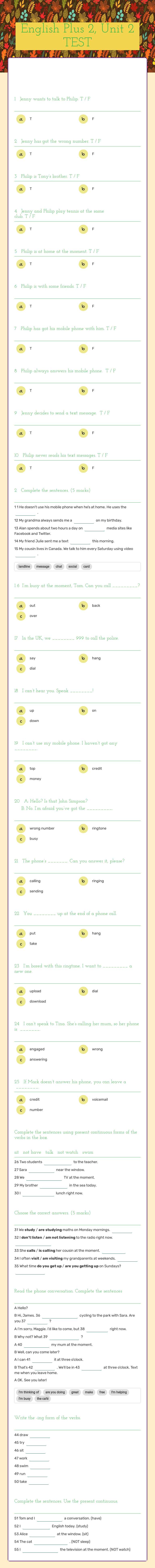 English Plus 2, Unit 2 TEST Grade 5 worksheet preview