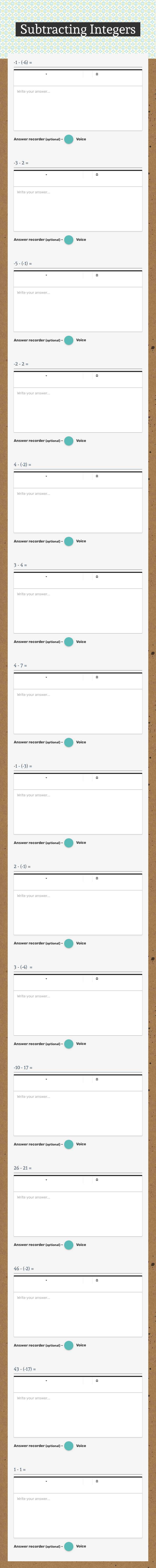 Subtracting Integers Grade 7 worksheet preview