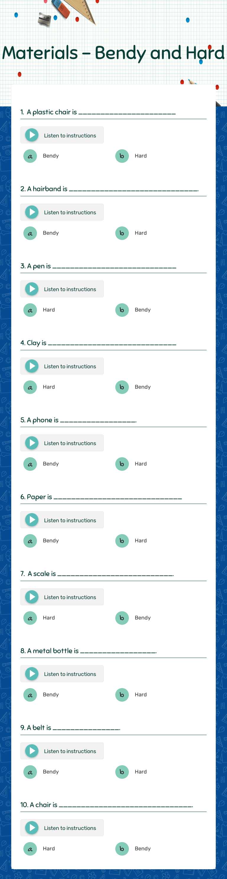 Materials - Bendy and Hard worksheet preview image