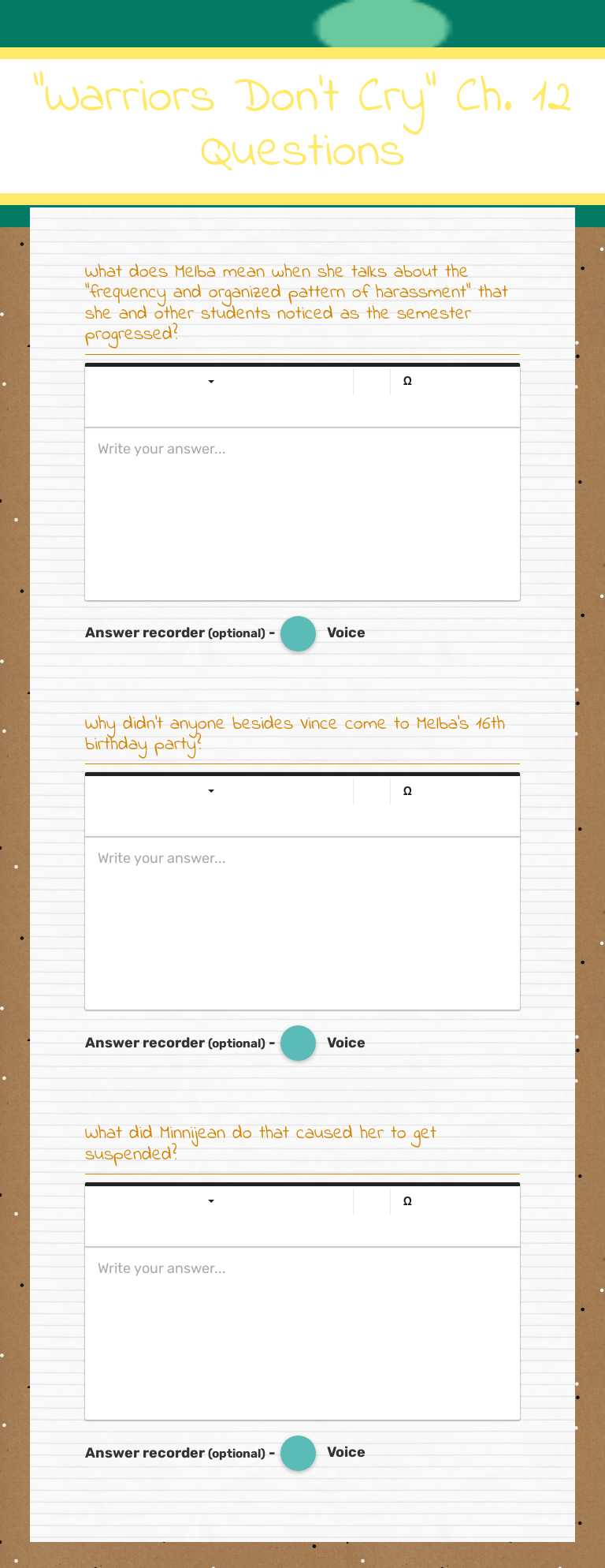 "Warriors Don't Cry"  Ch. 12 Questions worksheet preview image