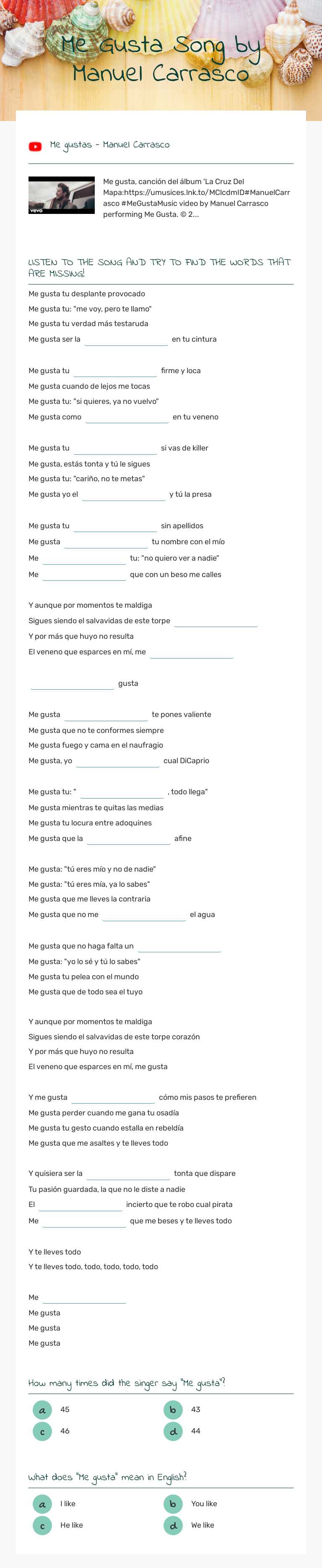 Me Gusta
Song by Manuel Carrasco worksheet preview image