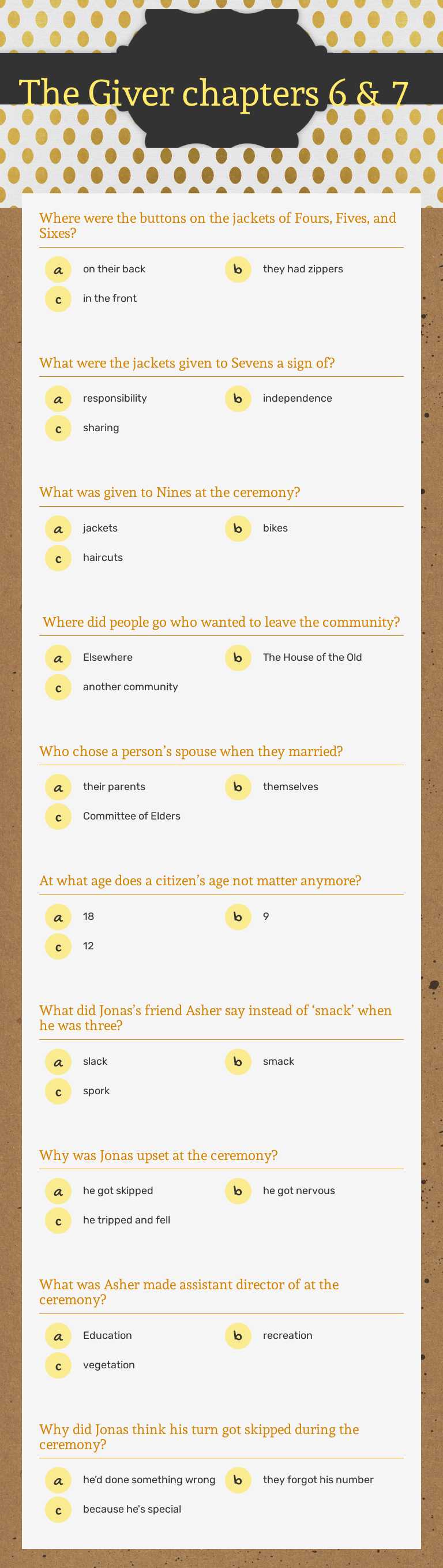 The Giver chapters 6 & 7 worksheet preview image