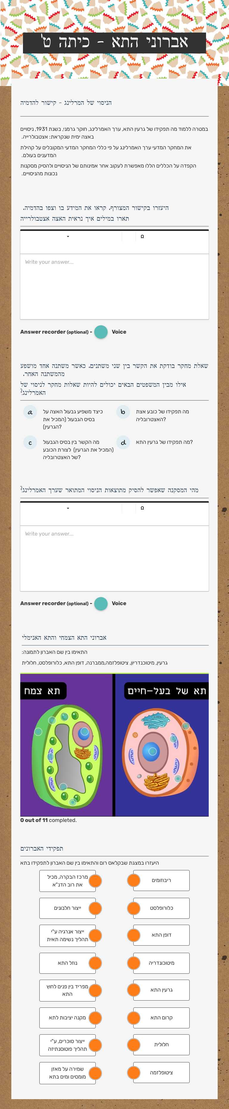 אברוני התא - כיתה ט' worksheet preview image