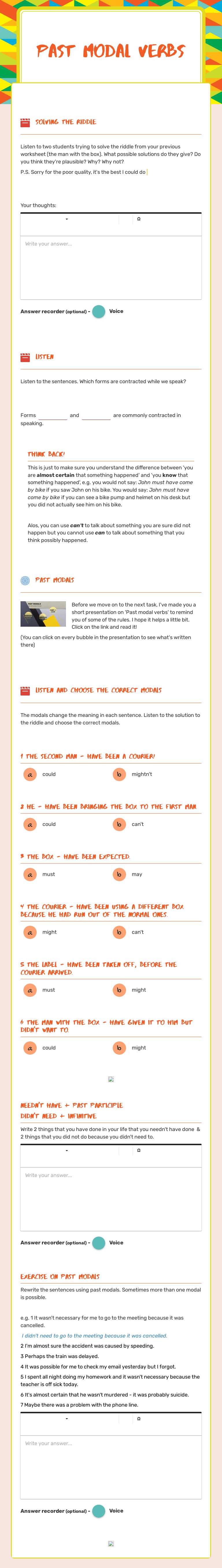 Past modal verbs worksheet preview image
