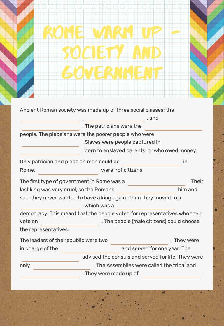 Rome Warm Up - Society and Government worksheet preview image