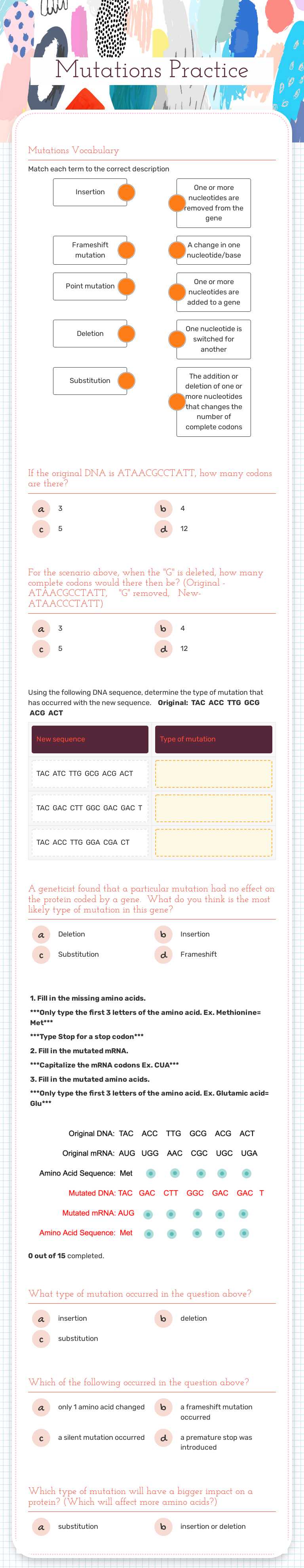 Mutations Practice worksheet preview image
