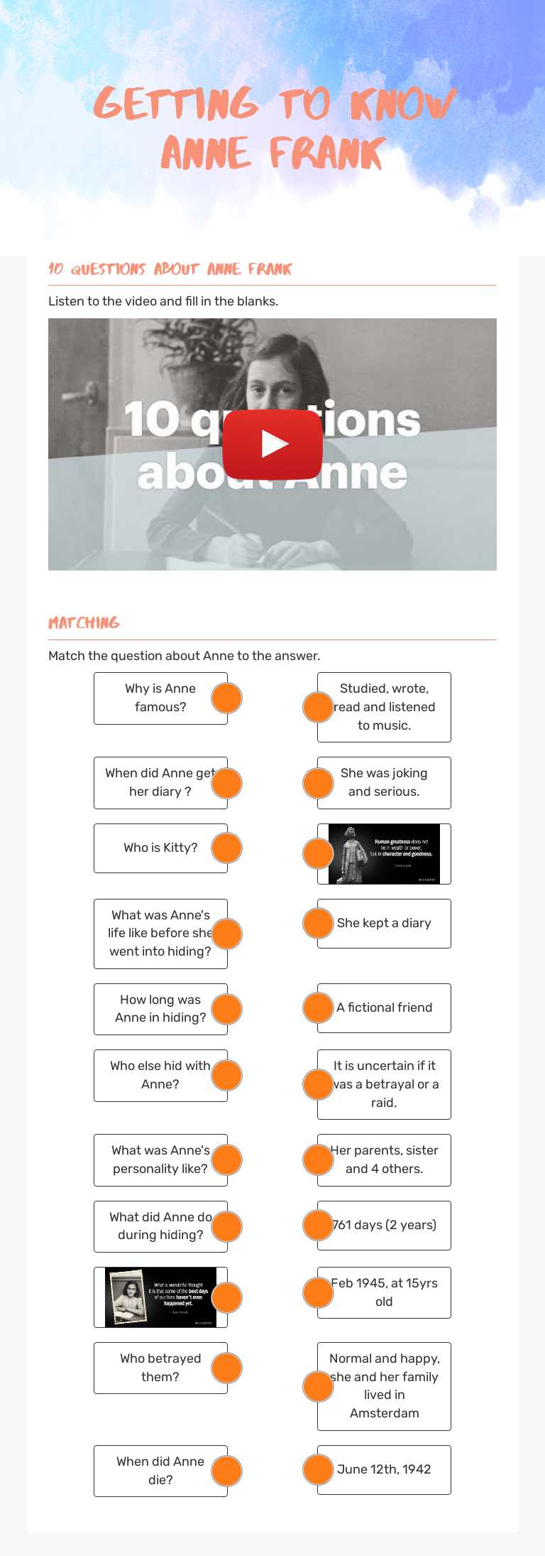 Getting to know Anne frank worksheet preview image