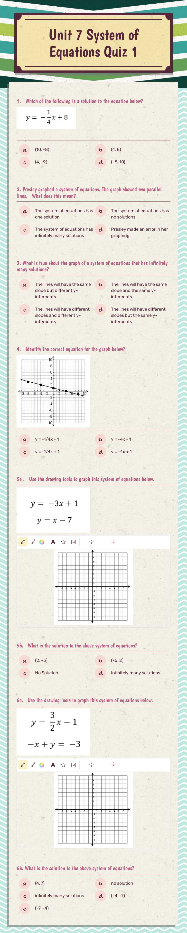 Unit 7 
System of Equations
 Quiz 1 worksheet preview image