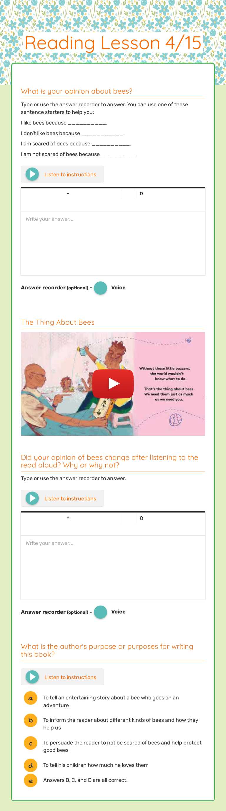 Reading Lesson 4/15 worksheet preview image