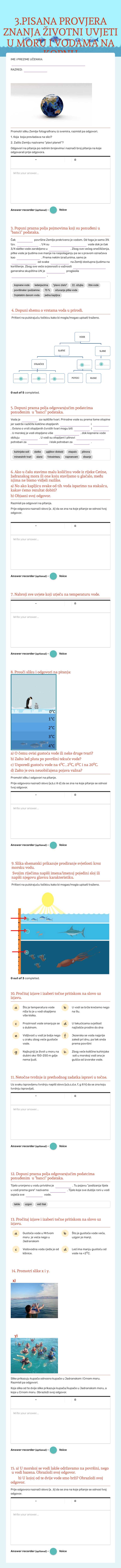3.PISANA PROVJERA ZNANJA ŽIVOTNI UVJETI U MORU I VODAMA NA KOPNU Grade 6 worksheet preview