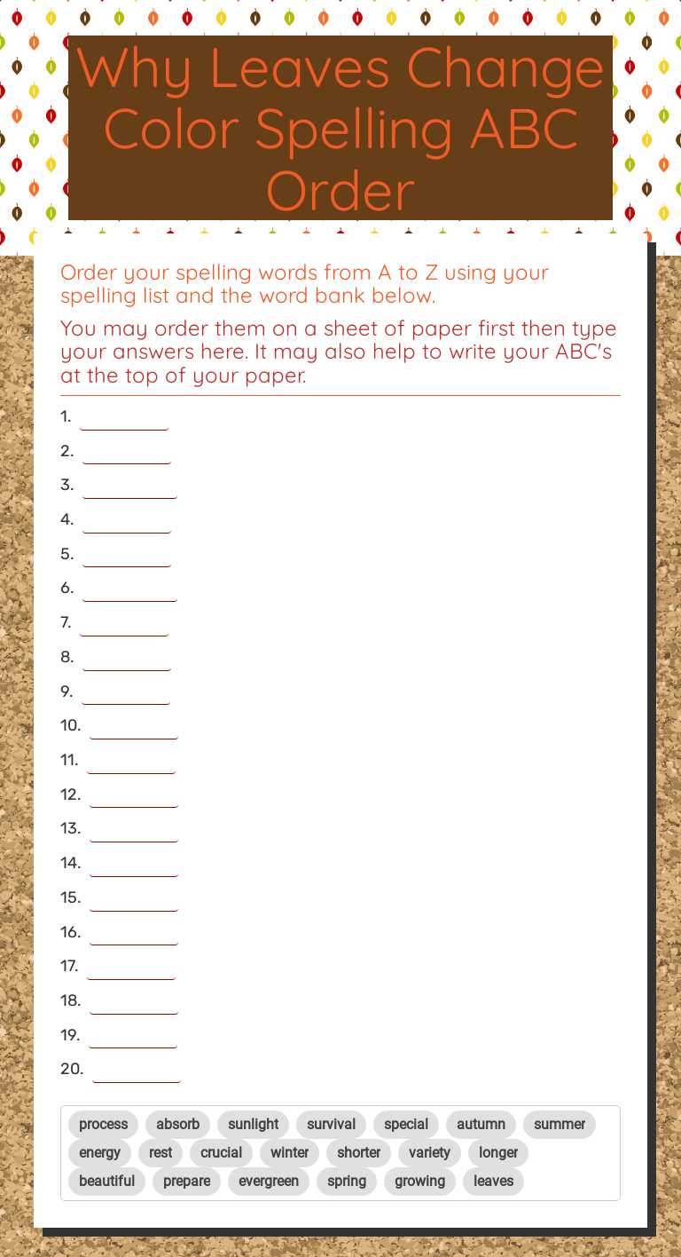 Why Leaves Change Color Spelling ABC Order Grade 4 worksheet preview