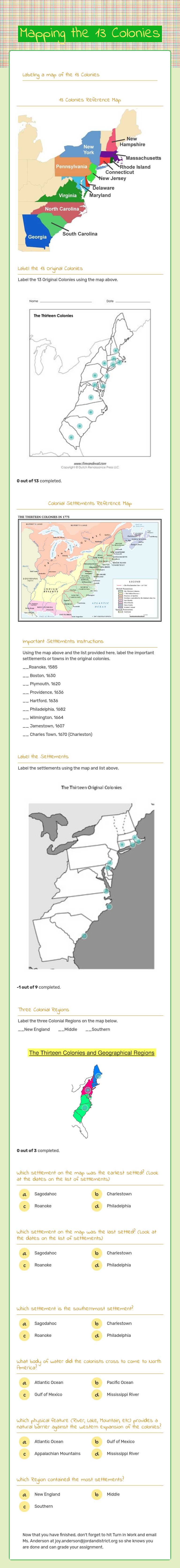 Mapping the 13 Colonies Grade 8 worksheet preview