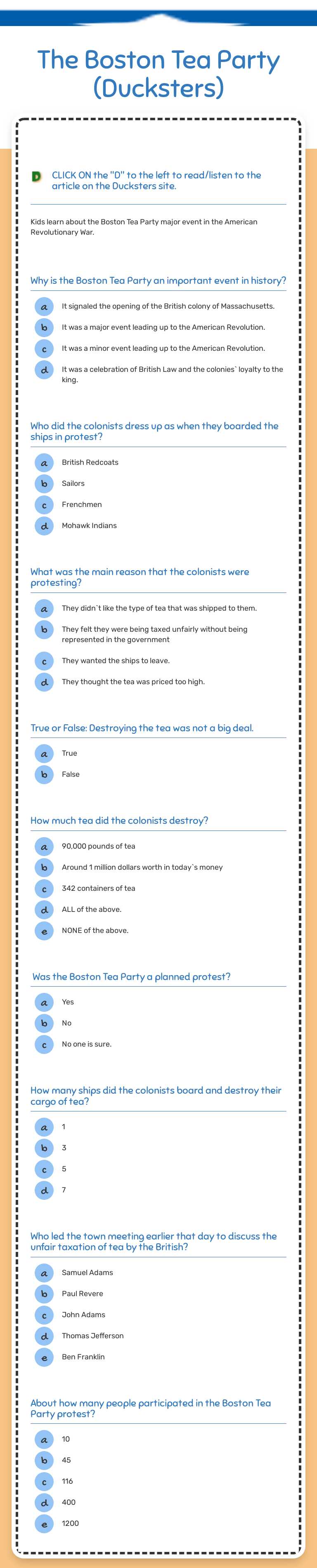 The Boston Tea Party (Ducksters) worksheet preview image