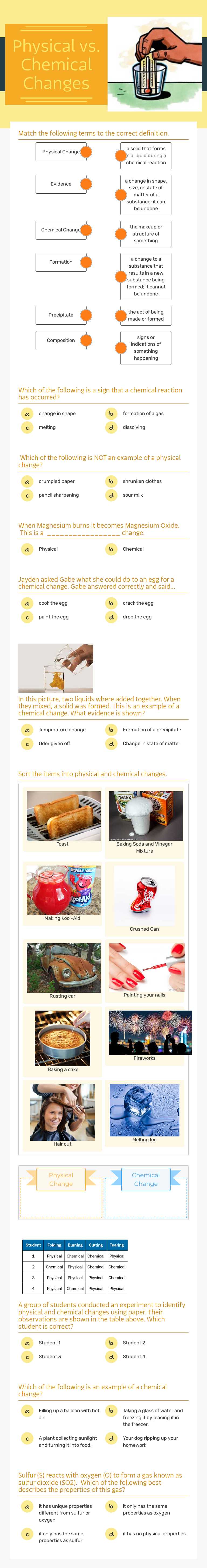 Physical vs. Chemical Changes worksheet preview image