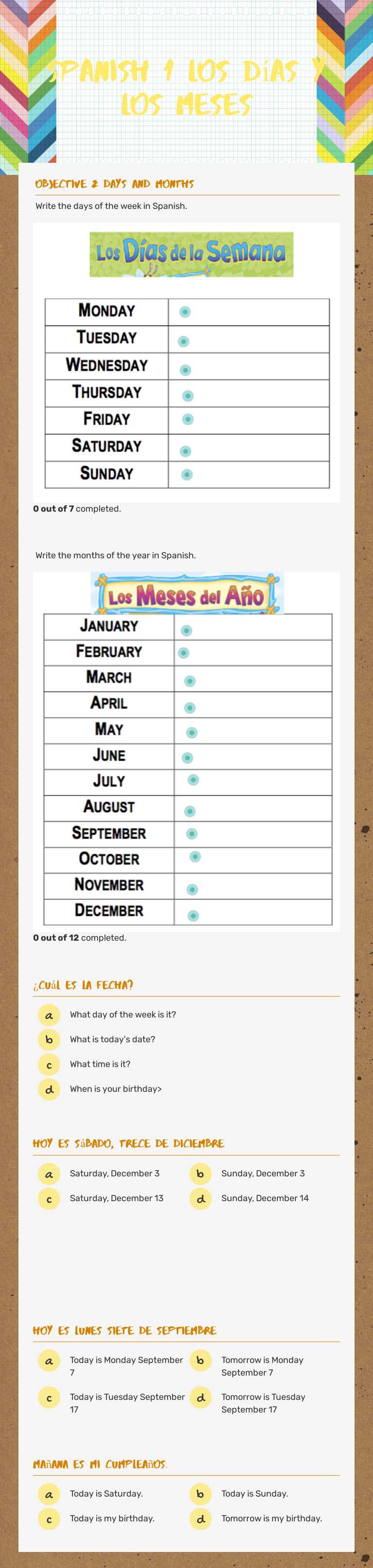 Spanish 1 Los días y los meses Grade 7 worksheet preview