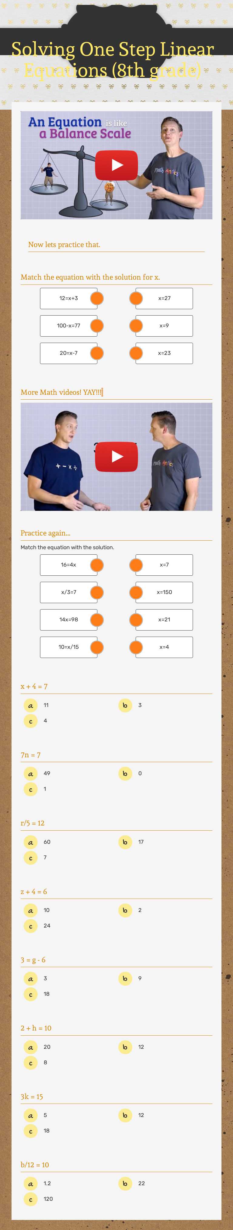 Solving One Step Linear Equations (8th grade) Grade 6 worksheet preview