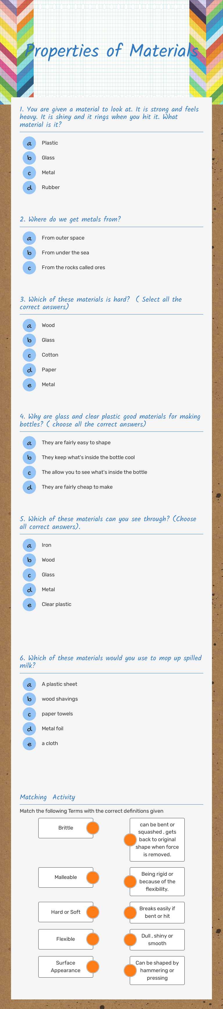 Properties of Materials worksheet preview image