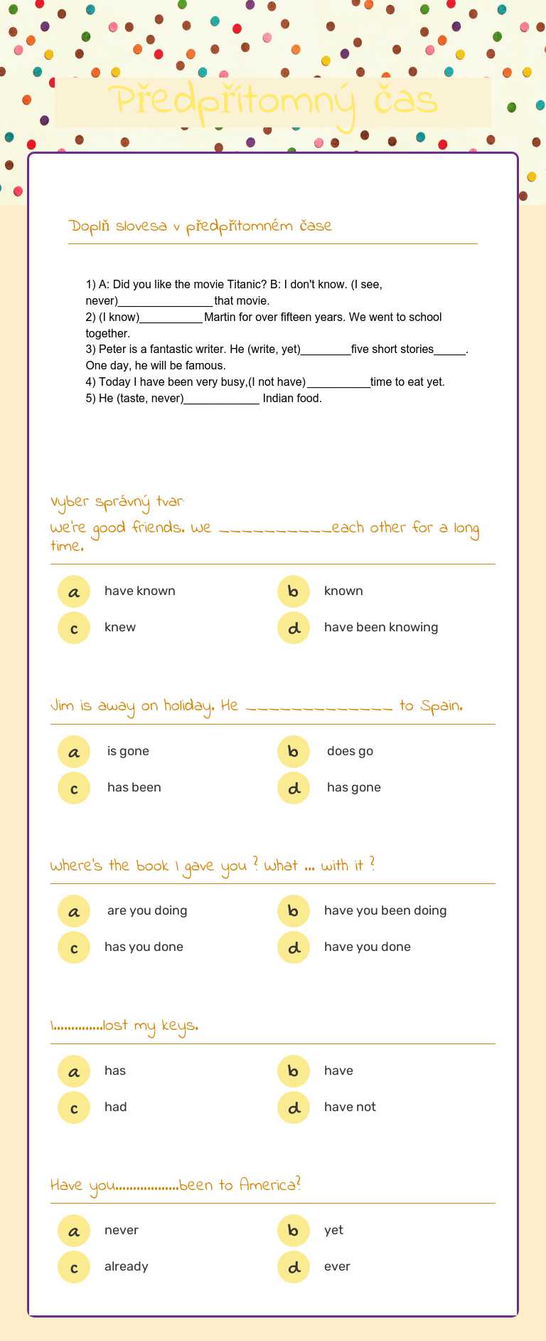 Předpřítomný čas Grade 8 worksheet preview
