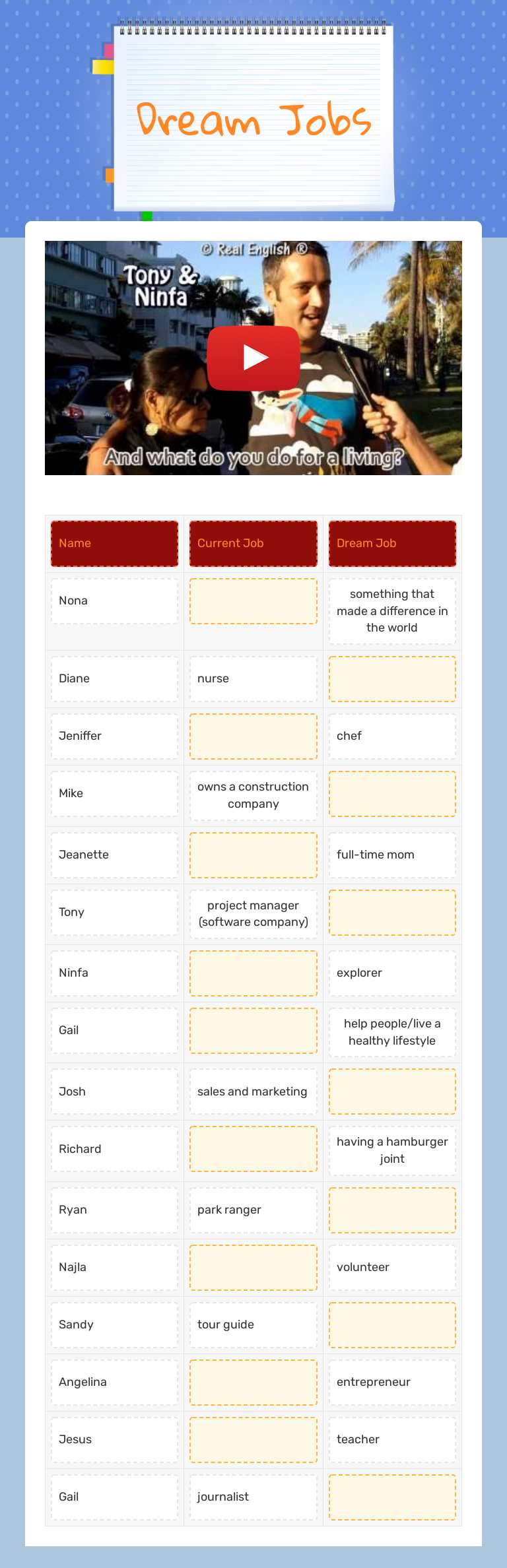 Dream Jobs worksheet preview image
