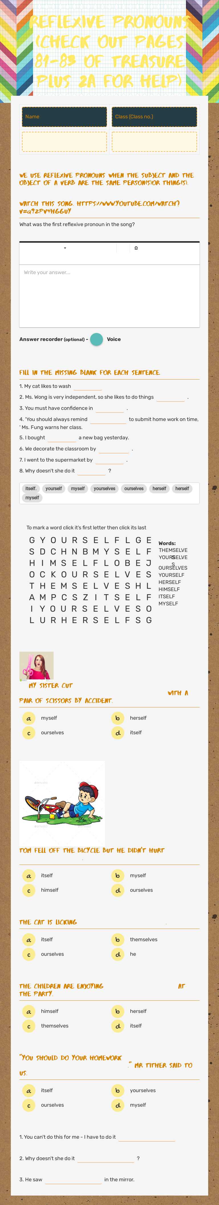 Reflexive Pronouns (check out pages 81-83 of Treasure Plus 2A for help) Grade 5 worksheet preview