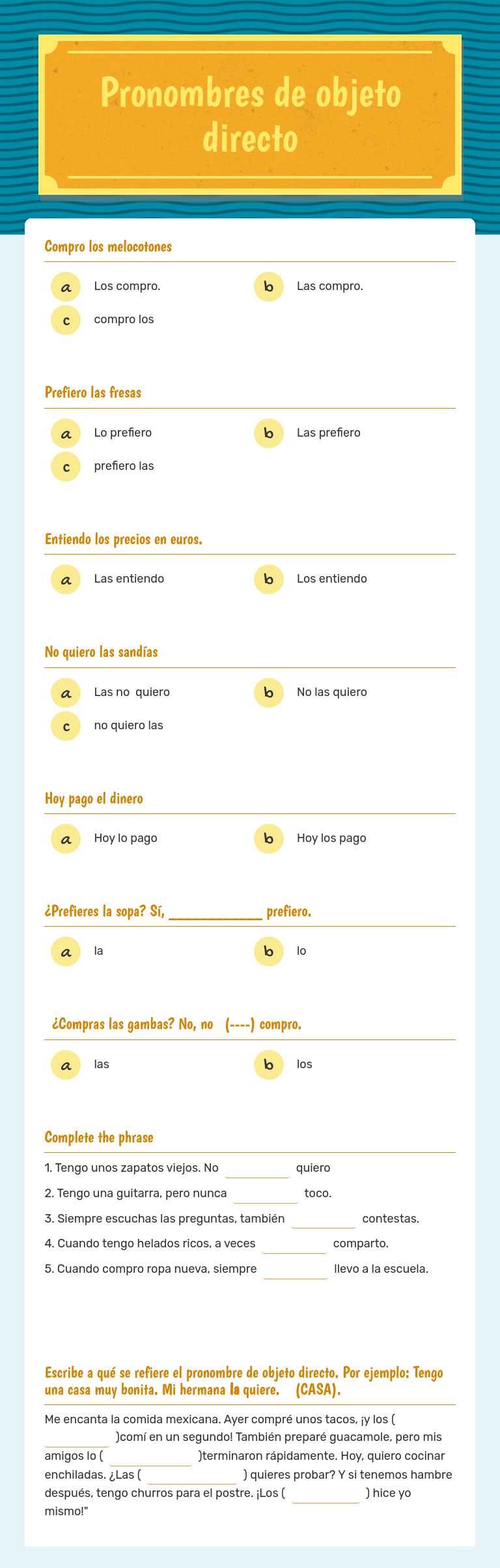 Pronombres de objeto directo worksheet preview image