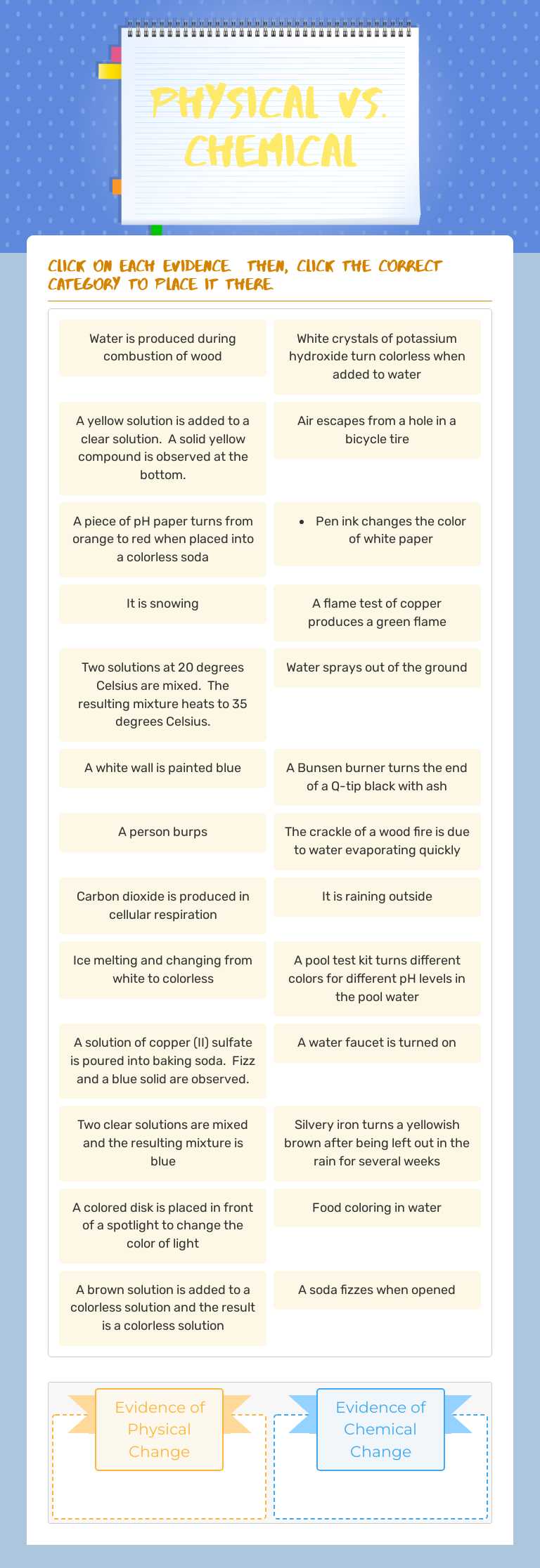 Physical vs. Chemical worksheet preview image