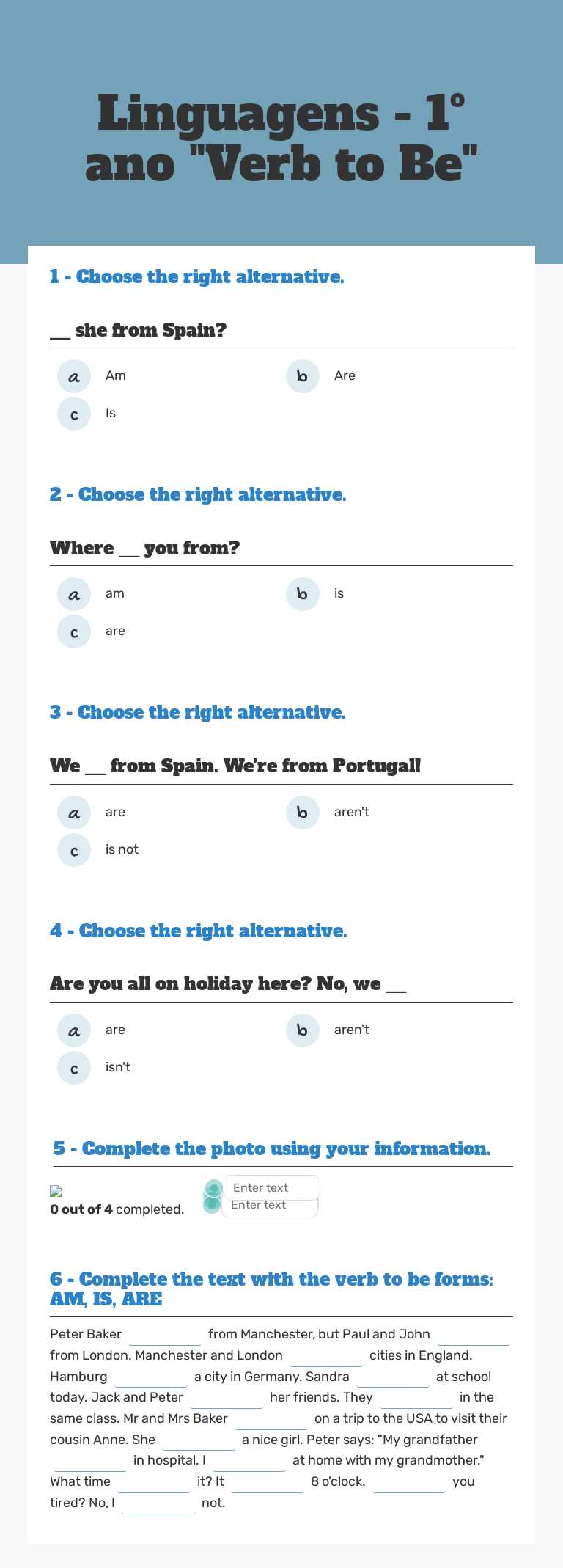Linguagens - 1º ano   "Verb to Be" worksheet preview image