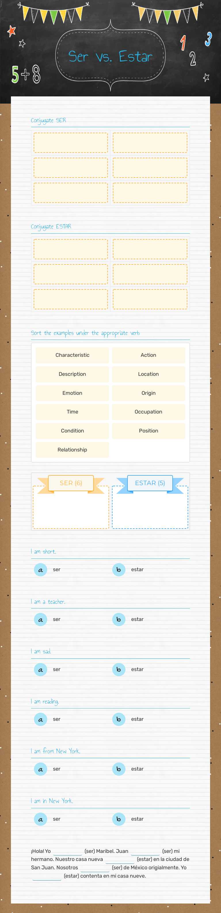 Ser vs. Estar worksheet preview image