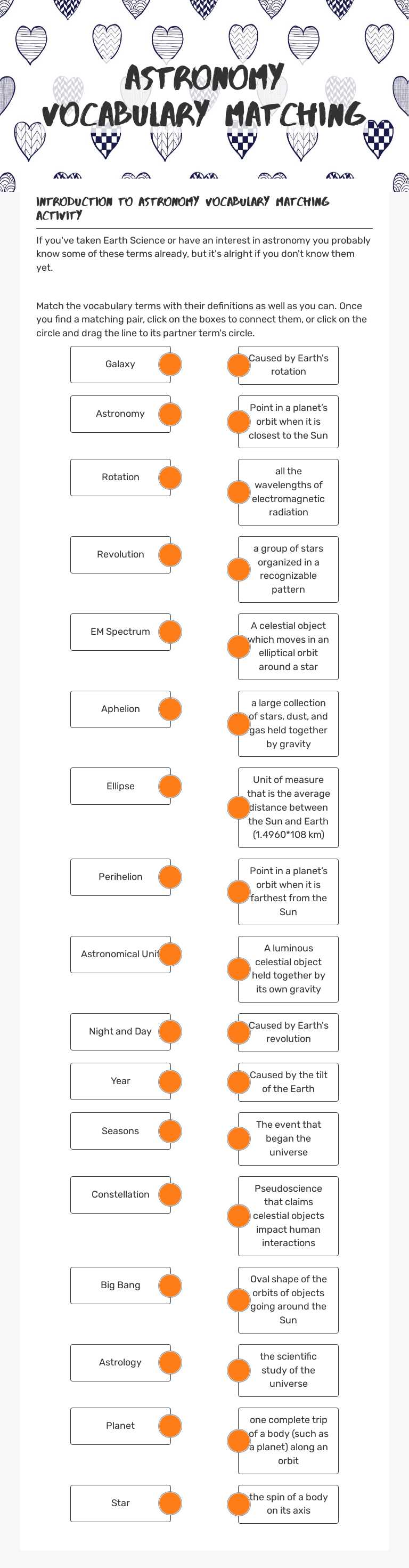 Astronomy Vocabulary Matching worksheet preview image