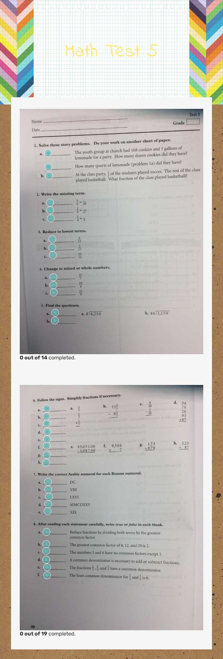 Math Test 5 worksheet preview image