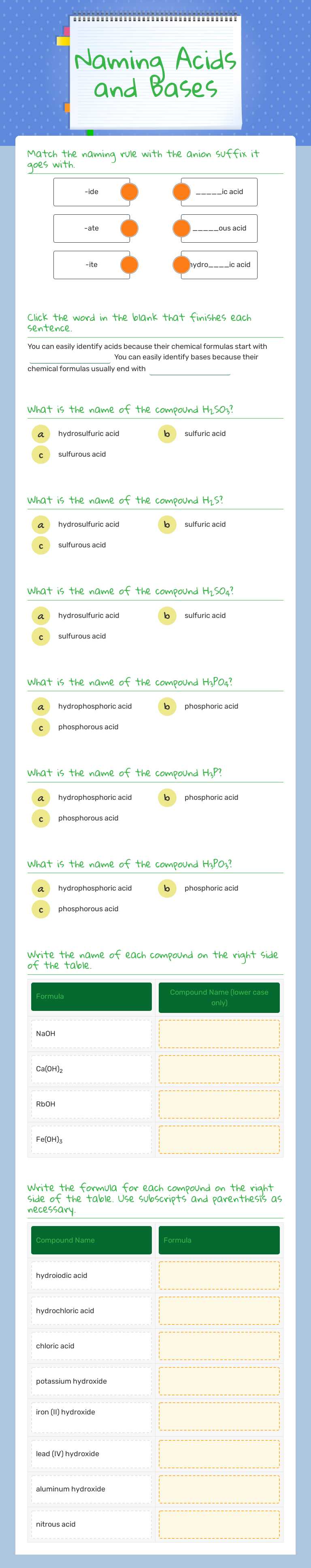 Naming Acids and Bases worksheet preview image