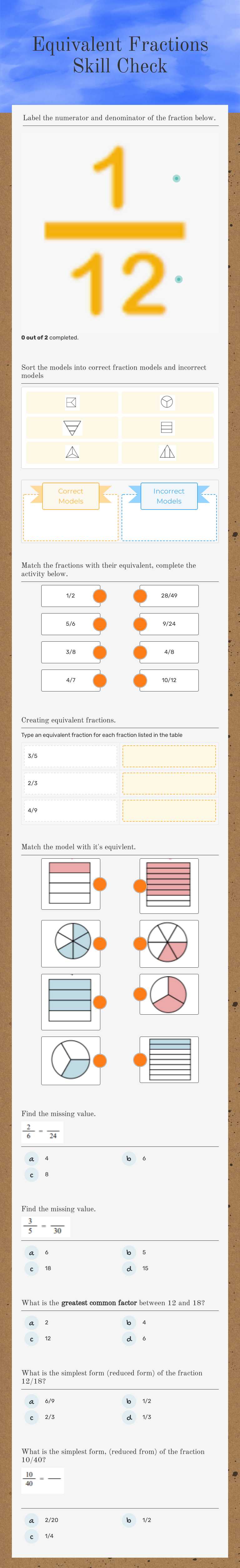 Equivalent Fractions Skill Check worksheet preview image