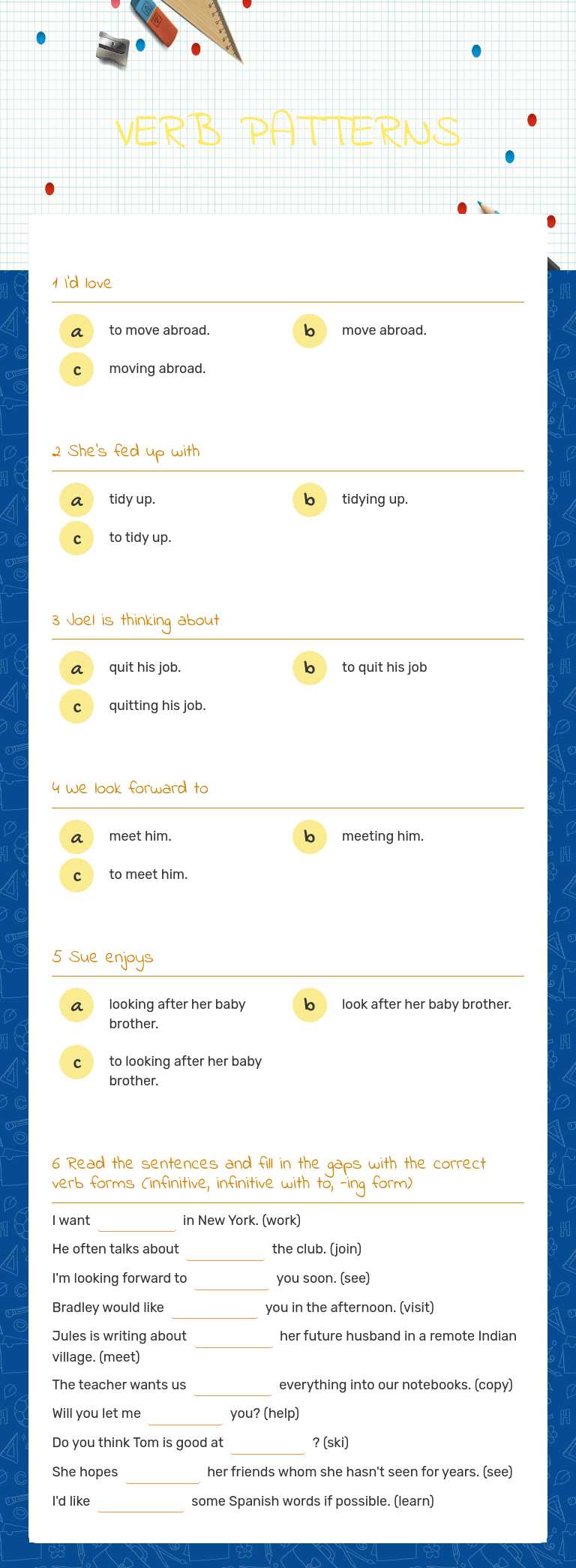 VERB PATTERNS worksheet preview image
