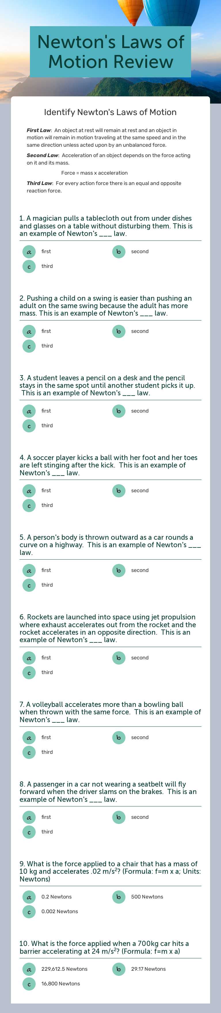 Newton's Laws of Motion Review Grade 7 worksheet preview